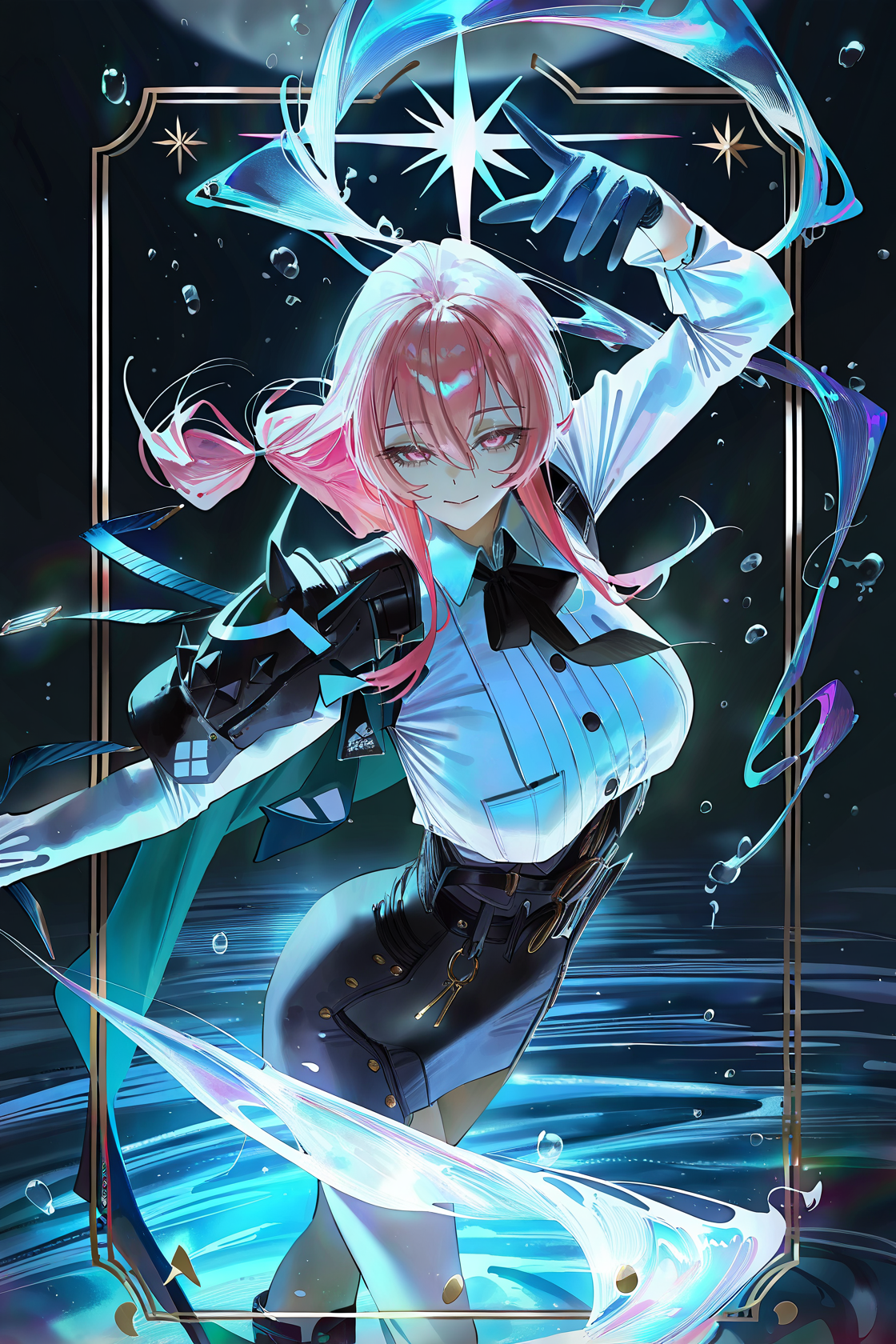 ((artist:betabeet)), artist:john_kafka, artist:nixeu, artist:quasarcake, 
(by xilmo, by modare, by reoen:1.1), (hyperrealistic:1.1), (high_contrast:1.1), (holy_(\theme\):1.2), (card_\(theme\):1.1), solo, long hair, large breasts, (black-color-scheme:1.1), character card, abstract sun, moon and stars, thick line, murals, holy light, mural moon, simple black background, angels come, stars, card border, frame pattern, 
<lora:Yanagi-noob-Tanger-000012:0.8>, 
Yanagi, Yanagi-def clothes, Black right shoulder armor, 1girl, pink hair, gloves, black gloves, black skirt, pink eyes, long hair, breasts, shirt, black footwear, belt, standing, boots, white shirt, 
cowboy shot, from above, moonlight, floating hair, muscle, masterpiece, best quality, very aesthetic, highres, absurdres, newest, dancing, floating, floating water, looking at viewer, half-closed eyes, light smile, from above,