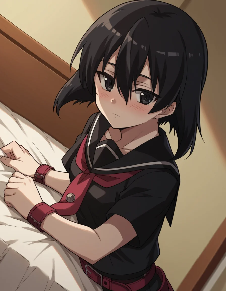 score_9, score_8_up, score_7_up, source_anime,
agkkurome, <lora:agk-kurome-s1-ponyxl-lora-nochekaiser:1>,
kurome, short hair, black hair, black eyes, hair between eyes,
skirt, school uniform, serafuku, belt, black serafuku, short sleeves, belt, black skirt, neckerchief, red neckerchief,
indoors, bed, bed room, on side, blush, drunk,
cowboy shot, solo, dutch angle, looking at viewer,