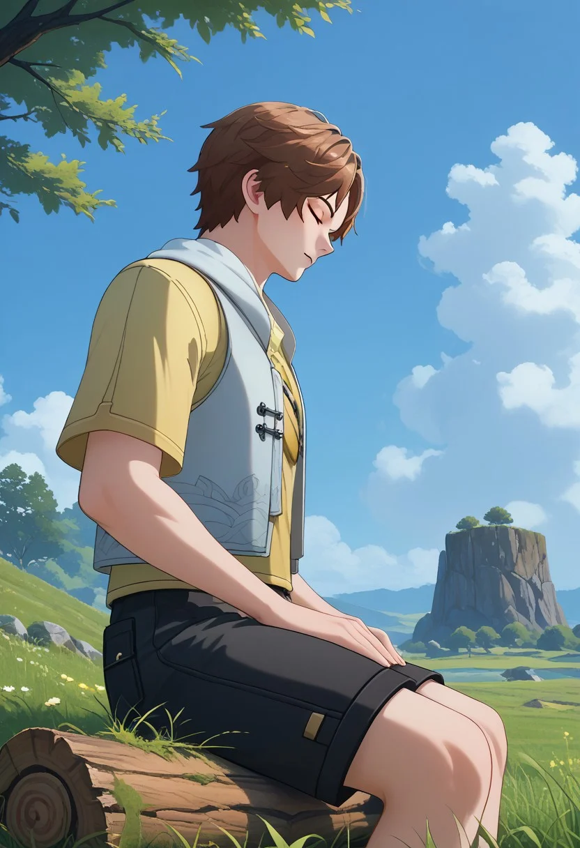 score_9, score_8_up, score_7_up, source_anime, rating_safe, tall grass, Beiwuwa, 1boy, male focus, closed eyes, white cropped vest, yellow shirt, black shorts, sitting, grassland, blurry clouds, sky, peaceful, from side, from below, scenery, wood log, rocks,