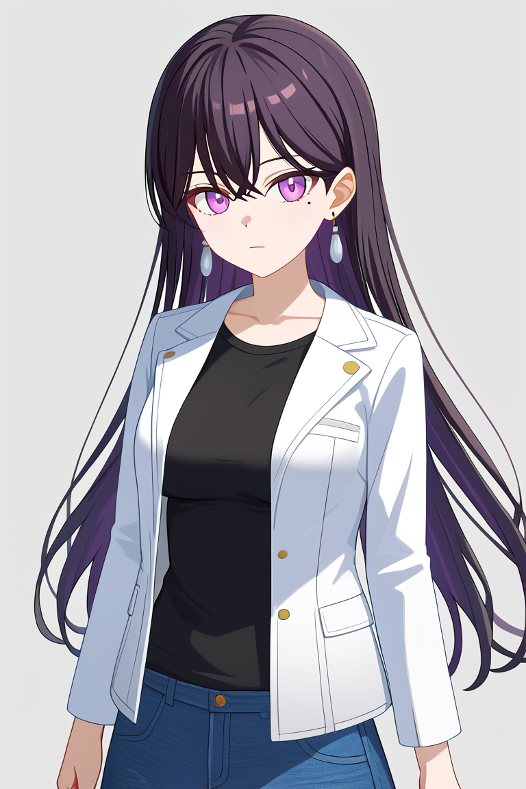 <lora:Shiina_Taki_PonyXL:1>, shiina taki, 1girl, solo, long hair, black hair, purple eyes, mole under eye, mole, bangs, simple grey background, aged up, medium breasts, cowboy shot, white jacket, black shirt, denim skirt, earrings, jewelry,, best quality, masterpiece, highres,