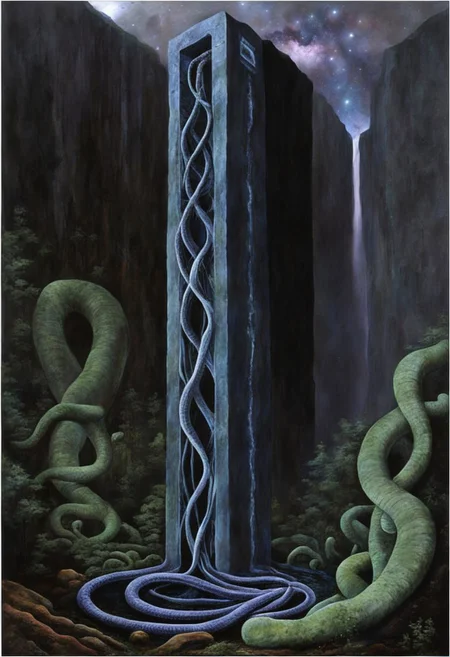 Phallus, vagina, monolith, alchemy, twisting vines, DNA helix, binary code, galaxy, cosmic serpent