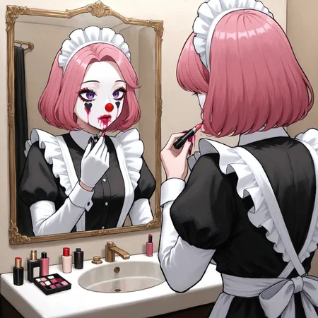 lukch, painting_\(medium\), 1girl, dressing room, applying makeup, (clown makeup), pink hair, purple eyes, maid, smeared lipstick dripping, upper body, from behind, reflection