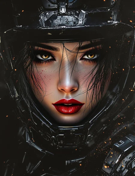 A striking movie-style poster rendered in photorealistic ink art, using chiaroscuro lighting, featuring  a close-up portrait of a breathtaking oriental woman in Earth Defence Force sci-fi armor, with dark eyeshadow and red lips—her face dirtied by smoke and battle, strands of disheveled black hair framing her intense eyes. Her lips are slightly parted, as if whispering a final command. This forms the foundation of the composition, set against a dark cheaotic background. Masterpiece level quality, deeply textured ink brushwork, and high contrast shadows lend cinematic gravitas