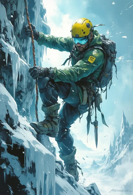 An adventurer scaling an icy cliff face during a fierce snowstorm, depicted in a dynamic action pose. The character is dressed in rugged climbing gear, including a green jacket, reinforced boots, and a yellow helmet with a visor partially fogged up from the cold. They hold tightly onto a climbing rope with one hand while anchoring themselves with an ice pick in the other. The backdrop showcases sharp, crystalline ice formations and an otherworldly blue glow, creating a sense of danger and beauty. Snowflakes whirl chaotically in the air, adding motion and drama. The camera angle is slightly tilted upward, emphasizing the climber's determination and the perilous ascent. The scene is lit with cool tones, amplifying the icy and treacherous atmosphere.