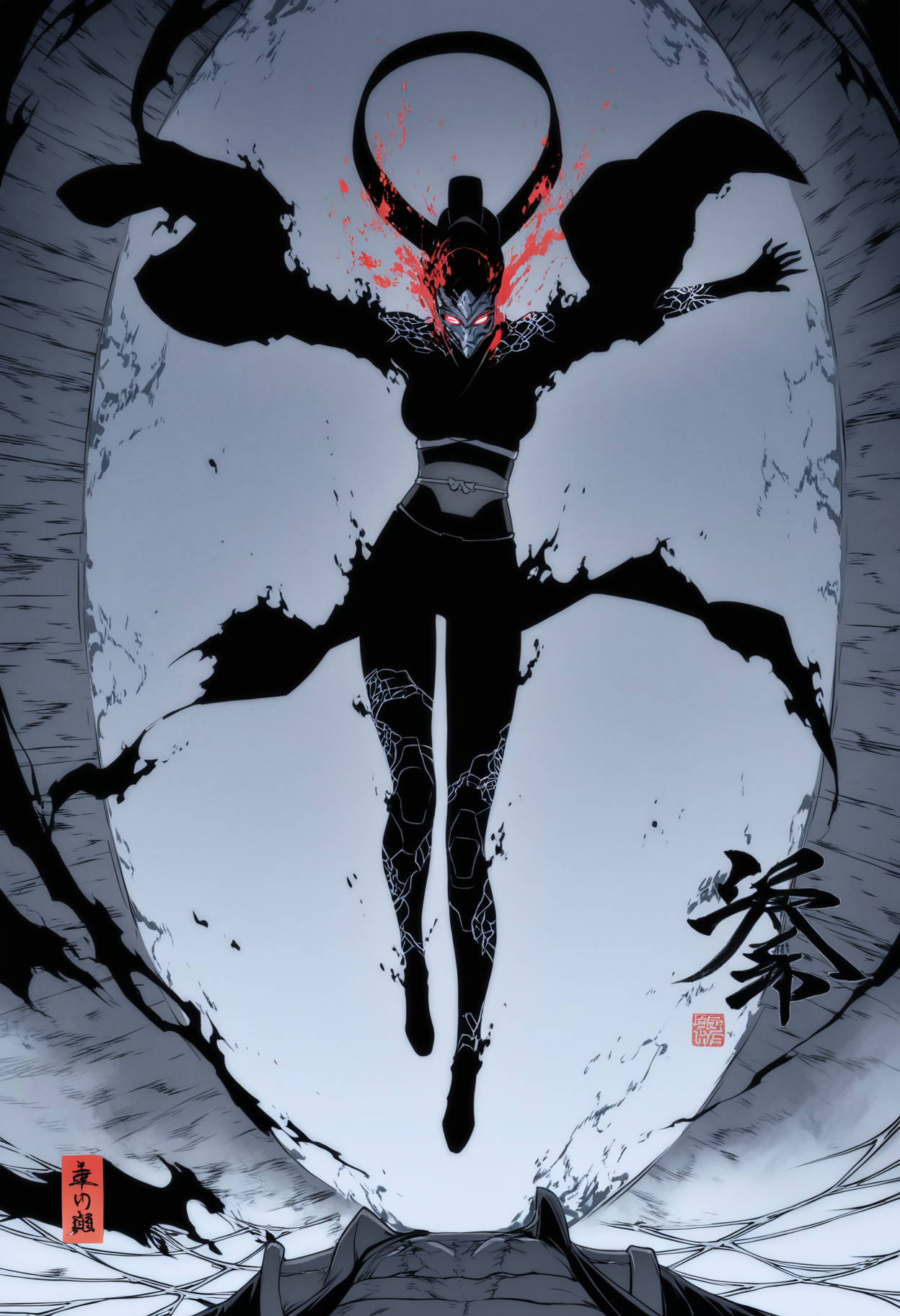 A cybernetic geisha floats in zero gravity, her porcelain mask cracked to reveal glowing circuitry beneath, silk robes drifting around her like liquid mercury. Traditional tattoos across her exposed back come alive as holograms, depicting scenes from a digital Edo period where samurai duel with data streams. The air shimmers with kanji formed by nanobot swarms, each character dissolving as she breathes. Neon-noir meets classical ukiyo-e, with the futuristic detail of Ghost in the Shell blended with traditional Japanese woodblock textures. 
 <lora:SH_Sololvl_Style_v2:0.6> sololvl_style
 <lora:DynamicPoseIL2att_alpha1.0_rank4_noxattn_900steps:0.7> dynamic pose
 <lora:Sinozick_style:0.3> Sinozick_illu,spot color