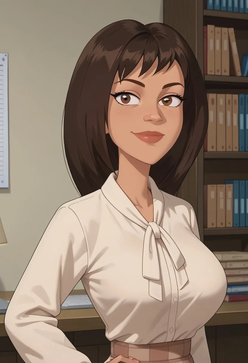 ((room background)),score_9, score_8_up, score_7_up,score_6_up,
1girl, solo, Elizabeth_MML, olive skin, dark brown eyes, shoulder-length hair, dark brown hair, pointy nose, light beige blouse with bow collar, knee-length skirt with checkered pattern, white heeled shoes, tall, social smile, perfect eyes, perfect smile, looking at the viewer, detailed eyes, perfect eyes, standing, big breasts (front pose, bust shot) five fingers, perfect hands, (hand on hip, raised hand, greeting)