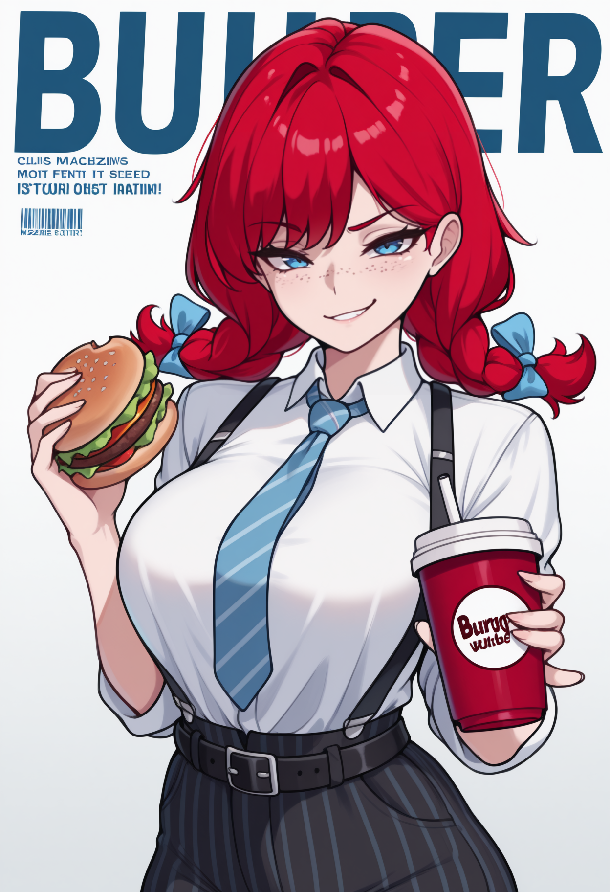 masterpiece, best quality, magazine cover, english text, barcode, solo, 1girl, w3ndys, freckles, smirk, looking at viewer, hands up, holding food, burger, holding drink, disposable cup, long hair, red hair, low twin braids, hair bow, blue bow, blue eyes, white shirt, collared shirt, blue necktie, diagonal-striped necktie, sleeves rolled up, suspenders, black pants, vertical-striped pants, black belt
<segment:yolo-face_yolov8m.pt,0.4,0.5//cid=1>