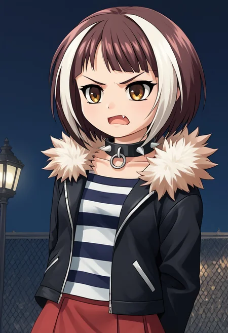 score_4,score_5,score_6,score_7_up,score_8_up,score_9
((masterpiece,best quality,ultra detailed,highres,HD,4k:1.2)),
1girl,solo,streaked hair,short hair,bob cut,bangs,multicolored hair,red and white hair,fang,brown eyes, jacket,spikes,collar,fur trim,spiked collar,striped shirt,black jacket,shirt,studded collar,red skirt,short skirt,
Moonlight, moonlight, ight, street light
frown,open mouth,