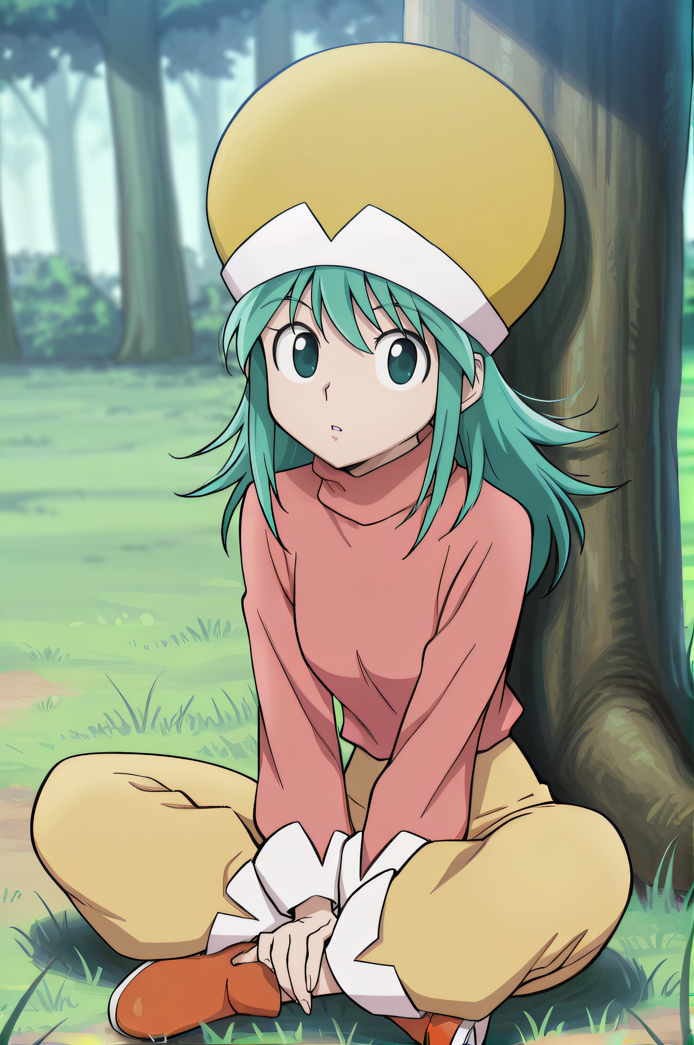 masterpiece, best quality, highres, newest, 1girl, solo, official style, <lora:IL_Ponzu:1>, ponzu, aqua hair, yellow headwear, shirt, turtleneck, yellow pants, orange shoes, outdoor, looking at viewer, nature, parted lips, expressionless, sitting on grass, full body, tree behind, indian style, five fingers