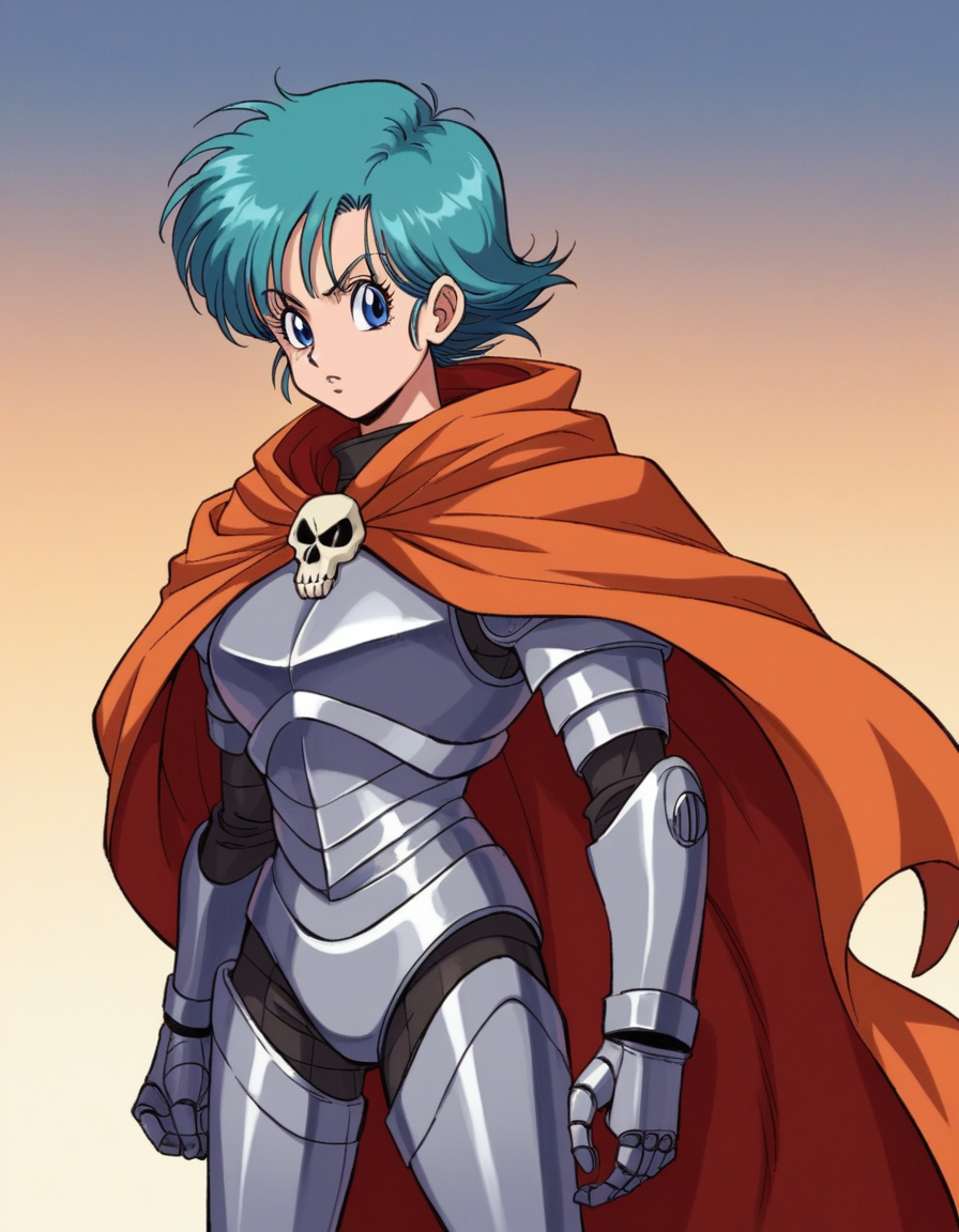 zPDXL, score_9, score_8_up, score_7_up, source_anime, 8k, absurdres, anime coloring, 1980s \(style\), retro artstyle, 
<lora:4kira_v1-1:0.8> 4kira, 1girl, solo, demon wearing Metallic silver armor featuring a sleek breastplate, metallic pants, thigh-high boots, spiked pauldrons, flowing cloak, skull helm, upper body, portrait, bulma, blue eyes, blue hair, afro ,