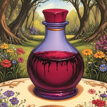 <lora:Wonderland:1> ArsMJStyle, Wonderland, The image shows a painting of a bottle of red liquid sitting on top of a table surrounded by trees flowers and grass