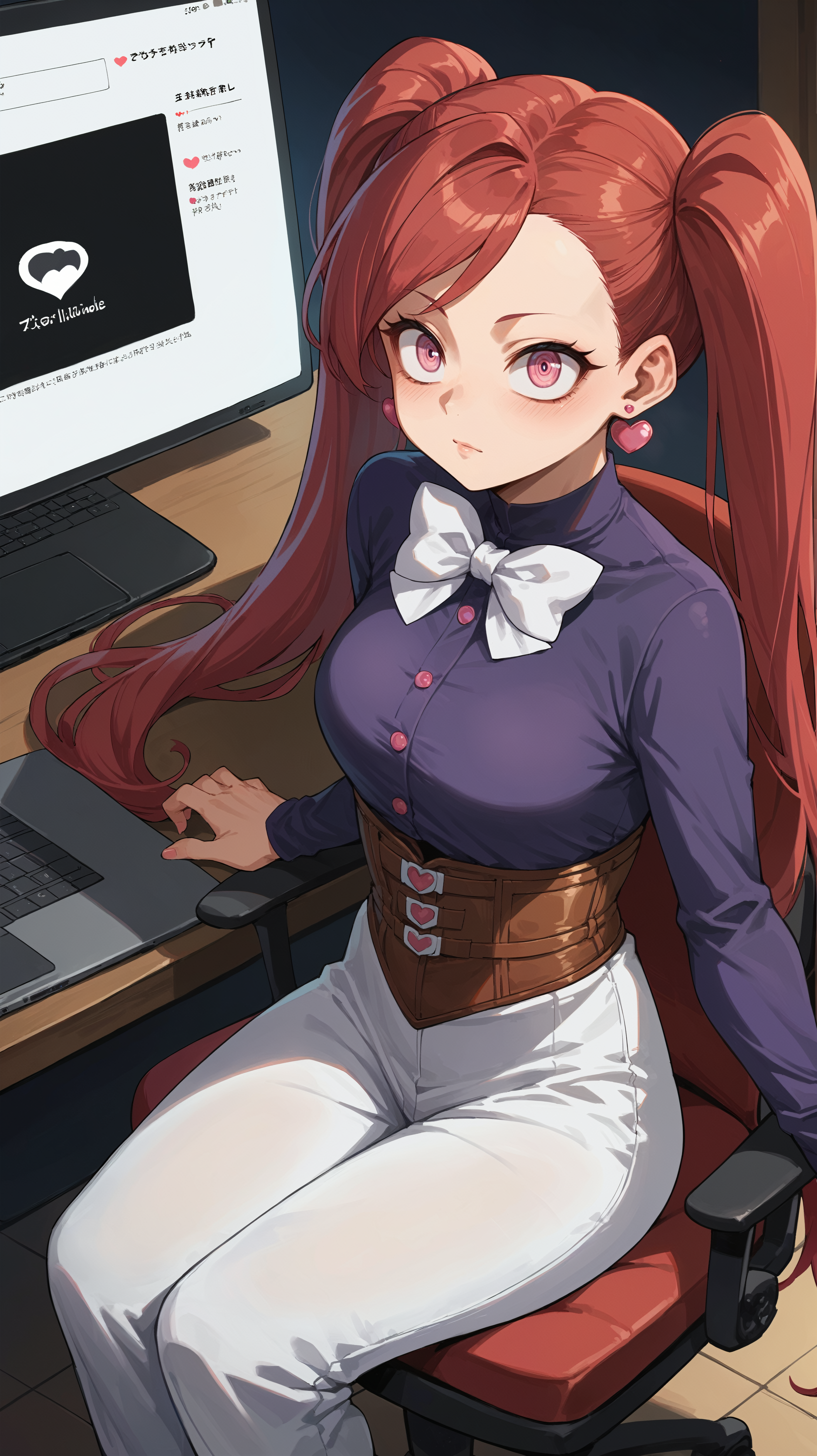 score_9,score_8_up,score_7_up,score_6_up, <lora:xl_more_art-full_v1:0.5>, source_anime, girl, dynamic pose, sitting, <lora:Manami Aiba (La Brava) - Pony-000004:0.8>, red hair, long twintails, pink eyes, large eyes, purple shirt, long sleeves, corset, white bow, white pants, heart earrings, pink earrings, laptop, computer chair, short girl,