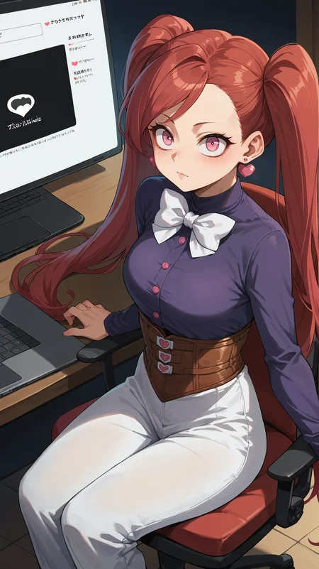 score_9,score_8_up,score_7_up,score_6_up, <lora:xl_more_art-full_v1:0.5>, source_anime, girl, dynamic pose, sitting, <lora:Manami Aiba (La Brava) - Pony-000004:0.8>, red hair, long twintails, pink eyes, large eyes, purple shirt, long sleeves, corset, white bow, white pants, heart earrings, pink earrings, laptop, computer chair, short girl,