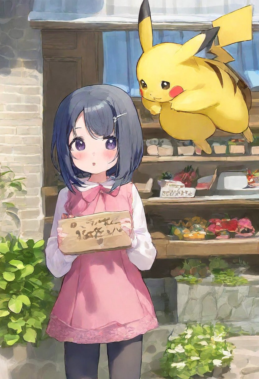 Beautiful girl , holding sign with text "need buzz", beautiful light.(Huging Pikachu with Pokemon) droopy masterpiece, best quality, very aesthetic