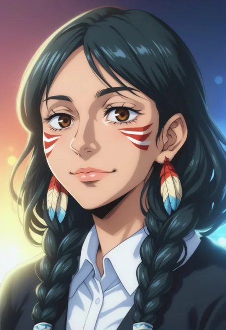 score_9, score_8_up, score_7_up, source_anime, intricate details, anime screencap, perfect balance, official art, extremely detailed CG unity 8k wallpaper, perfect lighting, Colorful, Warm_Front_face_Lighting, (masterpiece:1.0),(best_quality:1.0), ultra high res,4K,ultra-detailed, photography, 8K, HDR, highres, absurdres:1.2, Kodak portra 400, blurry background, bokeh, lens flare, (Anime) (vibrant_color:1.2), professional photograph, night, (cute_face:1.2), 2d, anime, upper body, intricate iris, American, Professional character design, 1girl, female focus, (Brown eyes), perfect eyes, (black-hair), Native American, Indigenous, American Indian, youthful, solo, jujutsu_kaisen_style, character portrait, (perfect-lighting), face, young, (Dark-black-hair), Long hair, (Native American), Indigenous, American Indian, (((wild eyes))), (Native North American), (Upturned eyes), (high cheekbones), (strong jawline), (Black Hair), ((((Native-American-Eagle-feather-braids, Native American Eagle feather accessories)))), (Black Cowboy Jacket), (((wild eyes))) ((Bobbed Bangs)) (((Slanted-Eyes))) (Psycho) (Happy) (Friendly) (Goofy) (Dark Black Jacket) (White Dress Shirt), (Warpaint), (Redwood Forest, Pacific Northwest Forests), (Inuit), (Tan skin), (Dark Skin), (Brown skin), (bobbed hair), White Eagle-Feather-Earrings, Thick Bangs, Bobbed hair, Bob-cut, White-Feather-Earrings, Brown-skin, Inuit Face-paint, Full-Bangs, Wide-Bangs, Thick-Hair, Native Face-paint