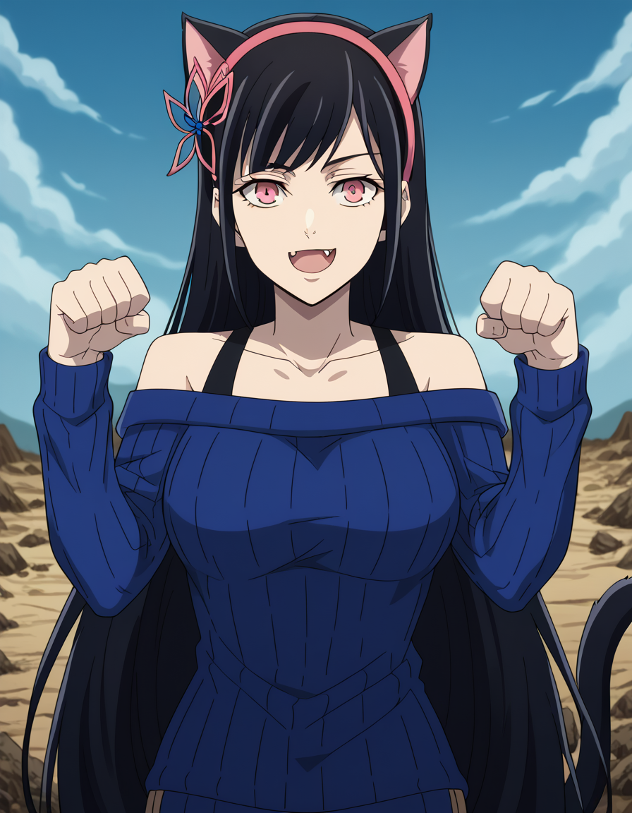score_9, score_8_up, score_7_up, source_anime, <lora:yihwa-yeon-s2-ponyxl-lora-nochekaiser:1>, yihwa yeon, long hair, bangs, black hair, hair ornament, pink eyes, very long hair, hairband, large breasts,, long sleeves, bare shoulders, collarbone, off shoulder, sweater, butterfly hair ornament, off-shoulder sweater, wasteland, barren, dry, post apocalyptic, desolate, smile, <lora:paw-pose-ponyxl-lora-nochekaiser:1>, paw pose, cat ears, cat tail, animal ears, tail, cat girl, open mouth, fang, whiskers,, looking at viewer, solo,, dutch angle, cowboy shot