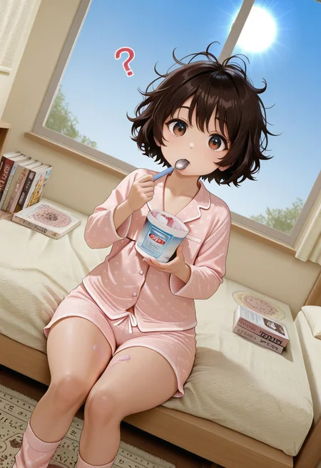 playing with icecream, icecream cup, icecream, spoon, asian, short hair, messy hair, looking at viewer, bedroom, spoon in mouth, question mark, flat chest, pajamas, socks, bed, dutch angle, wide hips, window, blue sky, sun, tv, carpet, books