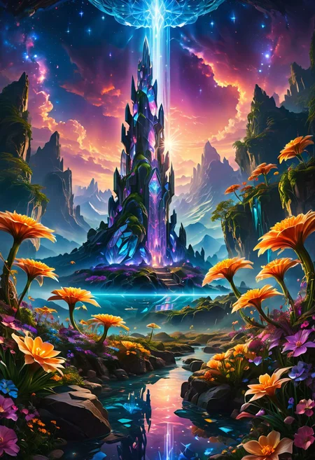 In a breathtaking 8k landscape photograph, I will capture the essence of a massive, shiny crystal glass tower rising majestically in an ethereal alien landscape. The tower reflects the surrounding beauty, casting shimmering reflections across the surreal scenery. It stands as a beacon of elegance and innovation amidst a landscape adorned with glowing flowers and crystals, each radiating a soft, iridescent light that bathes the terrain in a mesmerizing glow.
Above, a sapphire sky stretches endlessly, its deep hue contrasting with the ethereal glow of the landscape below. Dark clouds loom ominously, adding a sense of mystery and drama to the scene. The interplay of light and shadow creates a striking contrast, emphasizing the otherworldly beauty of this alien realm.
I will ensure that every detail, from the intricate facets of the crystal tower to the delicate glow of the flowers and crystals, is captured with precision and clarity, immersing viewers in a truly mesmerizing and fantastical landscape.