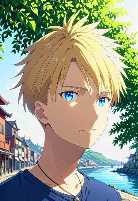 high resolution, solo, best quality, 1Boy, Yamato Ishida, Blonde Hair, Blue Eyes, Necklace, portraits, proud, outdoor, Half Body, Depth Of Field,
