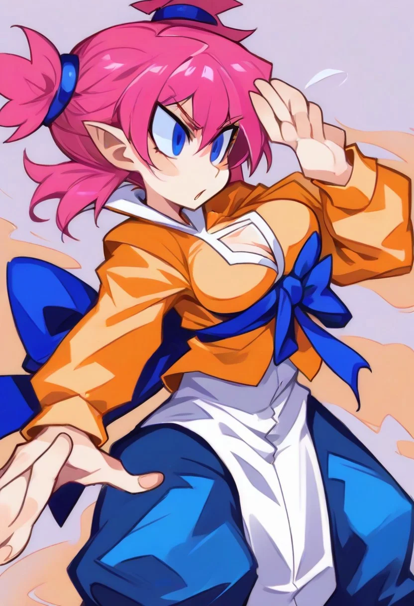 , fghtmstrssxl,twintails,blue eyes,pink hair,short hair,pointy ears,, cleavage cutout,orange shirt with long sleeves,blue pants,long white shirt,blue ribbon,long white pelvic curtain, ,bow,,<lora:FightMistressXL:0.9>,