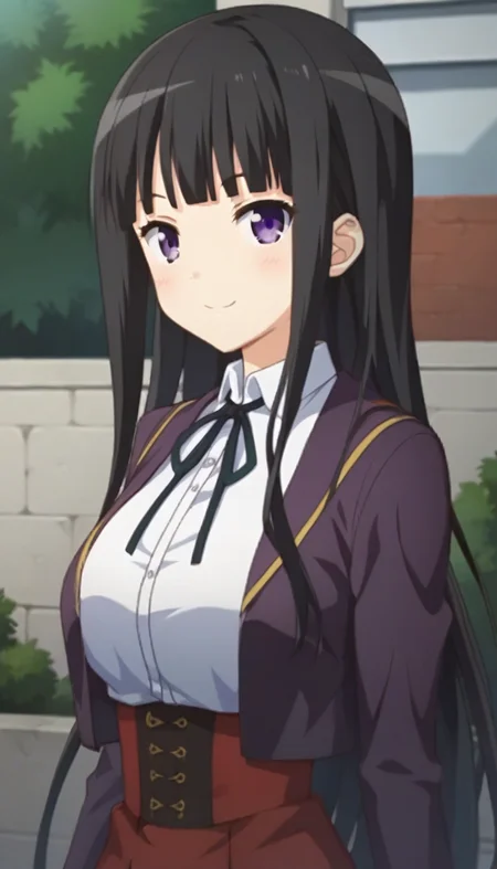 score_9,score_8_up,score_7_up,score_6_up BREAK official art,solo,outdoors,upper body,(portrait:1.5),looking at viewer,facing viewer,smile,blush,(petite:2),Kotoko Miura,very long hair,black hair,hime cut,blunt bangs,purple eyes,school uniform,purple jacket,white shirt,collared shirt,neck ribbon,black ribbon,large breasts,underbust,long sleeves,shirt tucked in,red skirt,high-waist skirt,black socks,uwabaki,white footwear,<lora:Kotoko Miura(jk ohaborssg)-Pony:1.4>,