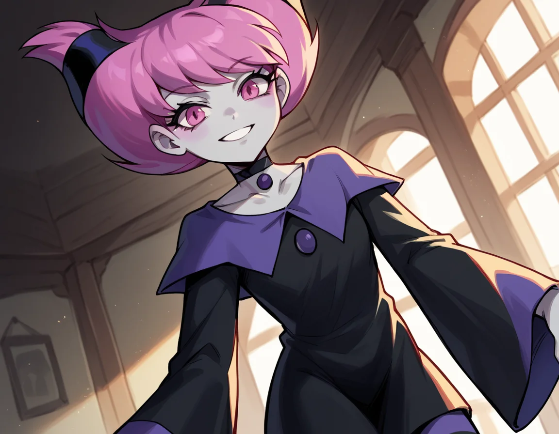score_9, score_8_up, score_7_up, source_anime, <lora:jinx-dc-ponyxl-lora-nochekaiser_r1:1>, jinx, jinx (dc), colored skin, grey skin, hair horns, pink eyes, pink hair,, choker, long sleeves, pantyhose, striped clothes, striped pantyhose, black dress, wide sleeves, collarbone,, indoors, smile, looking at viewer, solo,, cowboy shot, dutch angle