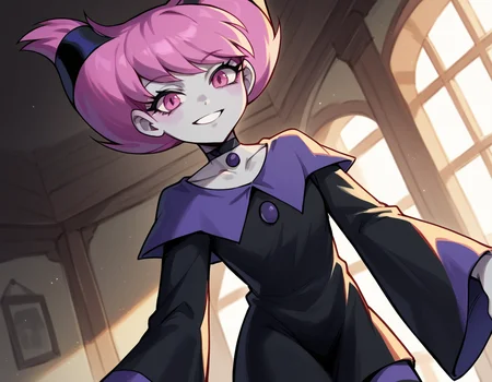 score_9, score_8_up, score_7_up, source_anime, <lora:jinx-dc-ponyxl-lora-nochekaiser_r1:1>, jinx, jinx (dc), colored skin, grey skin, hair horns, pink eyes, pink hair,, choker, long sleeves, pantyhose, striped clothes, striped pantyhose, black dress, wide sleeves, collarbone,, indoors, smile, looking at viewer, solo,, cowboy shot, dutch angle