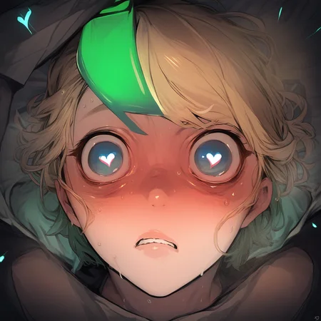 score_9, score_8_up, score_7_up, score_6_up, score_5_up, score_4_up, constricted pupils, 1girl, sweat, short hair, glowing, looking at viewer, green hair, blonde hair, heart-shaped pupils, comic, solo, close-up, wide-eyed, blue eyes, glowing eyes, 1boy, eye focus, heart, hetero, implied sex, pov