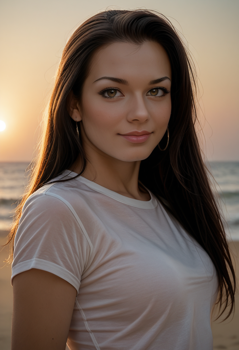score_9, score_8_up, score_7_up, K4l3n4Rios, Kalena Rios, <lora:K4l3n4Rios-000008-pony:1>, 1girl, skin pores, 8k, skin texture, details, high ponytail, (bangs), (sidelocks), lips, long hair, white t-shirt, portrait, solo, looking at viewer, bokeh, focus, film, ektachrome, details, sharpened, grain, photograph, beachside, sunset, magic hour, artistic, best quality, photograph, focus