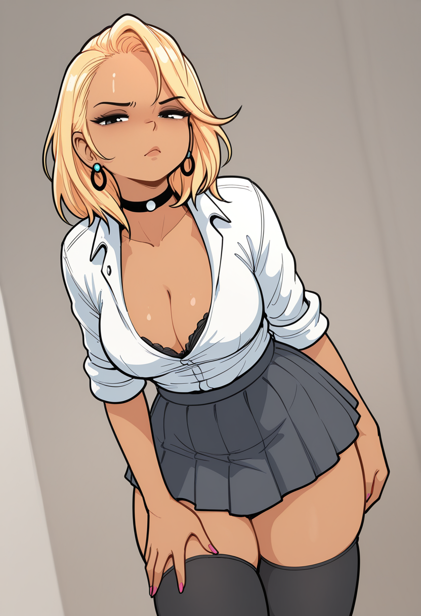 masterpiece, best quality,
1girl, solo,
tanding, looking at viewer, disdain, blonde hair, medium hair, gyaru, medium breasts, school uniform, skindentation, cleavage, skirt, thighhighs, choker, earrings, sleeves rolled up, underwear, bra,
 <lora:Lewdua_Style:1> L3wdu4,