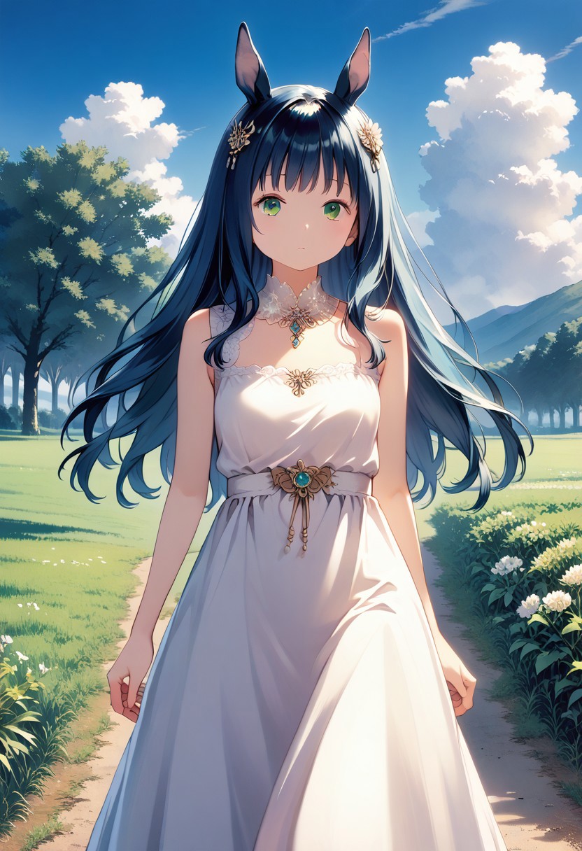 score_9, score_8_up, score_7_up, source_anime, solo, 1girl, TsubakiJP, ((masterpiece, best quality)),(illustration),(detailedlight),((anextremelydelicateandbeautiful)),<lora:GodolphinArabian:0.7>,,GodolphinArabian,long hair,blue hair,green eyes,horse ears,horse girl,hair_ornament,white dress, bare shoulders, ,sleeveless,evening dress,long dress,outdoors, light,blue sky, horizon, meadow, wild, high definition eyes, front view