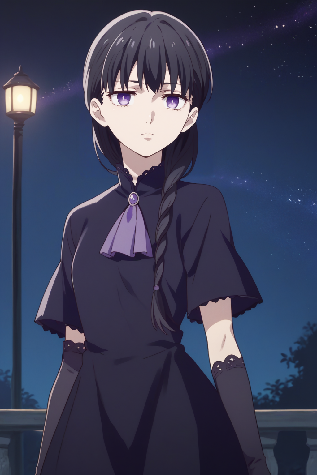 score_9, score_8_up, 1girl, solo, <lora:NSSakiBasket:1> NSSakiDress, black hair, long hair, purple eyes, black dress, short sleeves, jewelry, long gloves, purple ascot, braid, hair over shoulder, black background, night, stars, outdoors