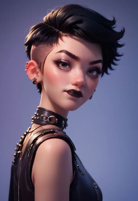 score_9, score_8_up, score_7_up, score_6_up, spiky pixie cut, goth, piercings, black lipstick, turning to face viewer, head tilt, 1 girl, scowling, looking at viewer, leather, fierce, smug, sexy kinky, dominant, side view, looking at viewer, round face, 18 years old, cutest girl in the world, 43stl1ght1ng, low light, dramatic lighting, darkness,