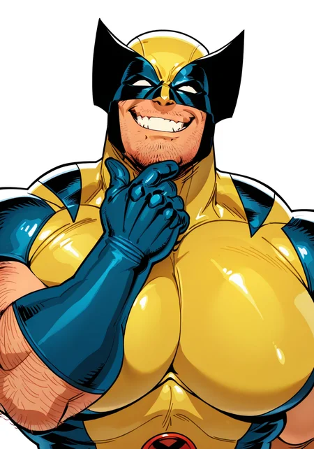 high quality, masterpiece, 2023, 2024, white background, simple background,
bara, solo, portrait, thick outline,
wolverine (x-men), mask, bodysuit, tight clothing, big pecs, muscular, facial hair, stubble, side burns, arm hair, hand on chin, grinning, three-quarter portrait