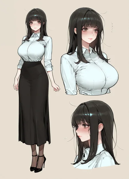 perfect quality, best quality, masterpiece, 1girl, solo, mature female, beige background, reference sheet, multiple views, portrait, from side,
rinnaiwahori, black hair, brown eyes, large breasts, collared shirt, long skirt, pantyhose, high heels, black skirt,
nervous, shy,
(nekojira:0.6), (pigeon666:0.6), (ohisashiburi:0.6),
<lora:rinnaiwahori2:1>