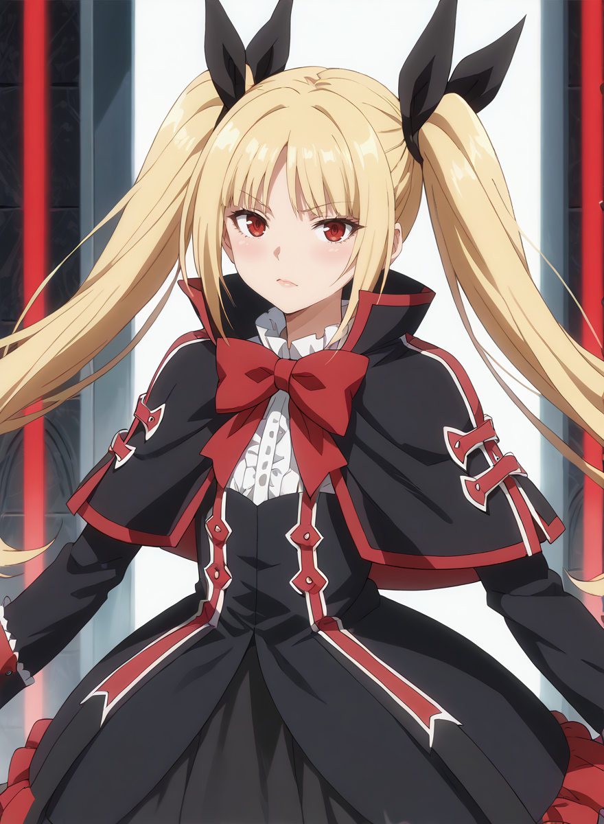 score_9, score_8_up, score_7_up, score_6_up, score_5_up, score_4_up, source_anime, anime screencap, masterpiece, insanely detailed, detailed background, zPDXL3, BREAK, RachelAlucardBB,1girl,solo,long hair,blonde hair,red eyes,red bow,ribbon,twintails,black hair ribbon,small breasts,frills,red bow,ghotic fashion,black capelet ,red cross pattern,black dress