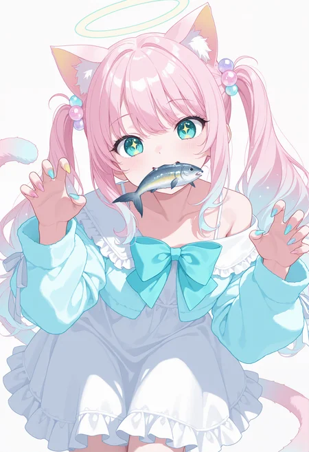 llv2-illu
masterpiece, best quality, highly detailed, ultra-detailed, 1girl, pink hair, long hair, twintails, cat ears, halo, fish in mouth, teal eyes, starry eyes, sparkling eyes, cat tail, cat pose, paw pose, claw pose, sharp nails, gradient nails, blue jacket, off shoulder jacket, white dress, frilled dress, big bow, hair ornament, fish accessory, animal theme, angel theme, cute, pastel colors, colorful hair, hair gradient, fang, fluffy, playful expression, anime style, white background, soft shading
