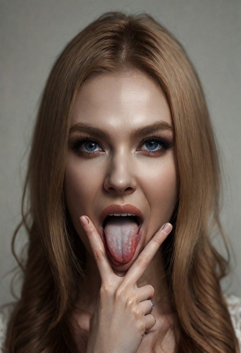 woman , long hair, pretty face, (V Fingers, Tongue out, Tongue between fingers)