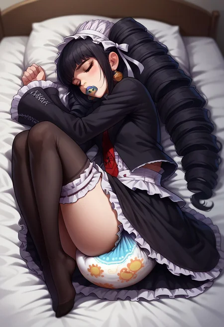 diaper with sissy dress, score_9, score_8_up, score_7_up, BREAK, depth of field, indoors, eyes closed, sleeping, pacifier, celestia ludenberg, long hair, bangs, black hair, long sleeves, twintails, drill hair, twin drills, skirt, shirt, black hair, long sleeves, jewelry, jacket, earrings, frills, necktie, black skirt, black jacket, red necktie, bonnet, print necktie, wears knee-high stockings trimmed in ladder lace with a black ribbon on the opposite side of the other for each, dark red mary janes with a thick heel held on her feet by three grey buckles, Sissy dress with diaper,in bedroom, on bed, in crib in bedroom, <lora:fetal-position-ponyxl-lora-nochekaiser:1>, fetal position,, bedroom, parted lips, thighs, on bed, ass,, solo,