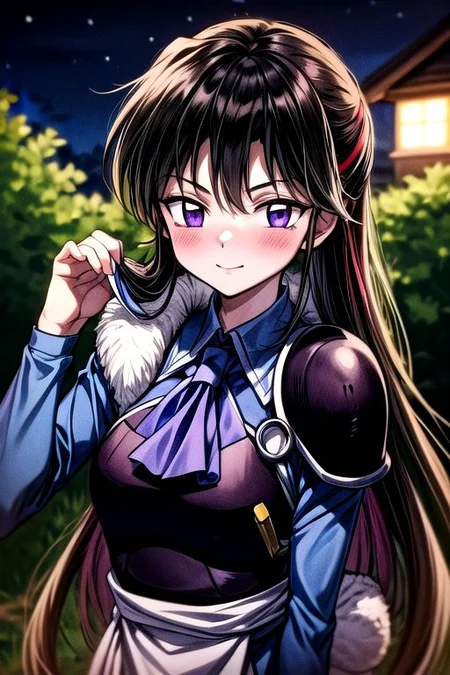 masterpiece, best quality 1girl Setsun4 solo long hair, (night time) forest background black hair very long hair purple eyes multicolored hair armor (fur trim) (medium body),<lora:EMS-179-EMS:0.800000>,<lora:EMS-293862-EMS:0.800000> bow, hair_bow, hair_tubes, red_bow, brown_hair, long_hair, bangs, ascot, frilled_bow, yellow_ascot, blush, smile, hair_between_eyes, athletic, armor, miko