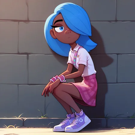 score_9, score_8_up, score_7_up, score_6_up, score_5_up, score_4_up, 1girl, solo,
Erin_Cc, brown skin, one amber eye, one blue eye, medium length blue hair, hair covering one eye, black eyebrows, black eyelashes, Her nose is pointed and upturned, Scout uniform, white short-sleeved shirt, pink cuffs, pink sash  with badges,  pink flannel skirt,  dark-purple and white sneakers