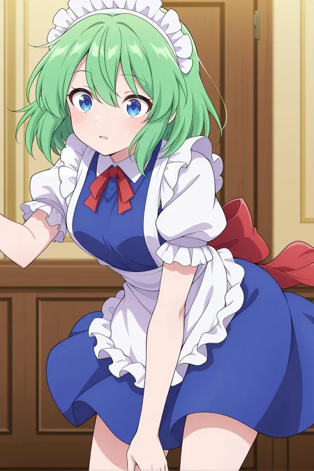 absurdres, highres, masterpiece, best quality, amazing quality, official anime artwork, screencap, anime screencap, indoors, dynamic pose, 
 <lora:Ruukoto_Illustrious:1> ruukoto, 1girl, solo, blue eyes, green hair,, maid headdress, neck ribbon , red ribbon, blue dress, frilled sleeves, short sleeves, maid apron, back bow, red bow,