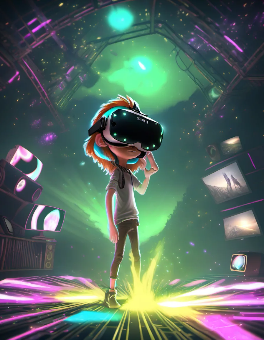 Virtual Reality Worlds, Fully Immersive Environments, Digital Adventures, VR Gaming, Virtual Escapes., sharp focus, detailed, sub surafce scattering, glow, dust, volumetric light <lora:TOONER_1_RC:0.9>