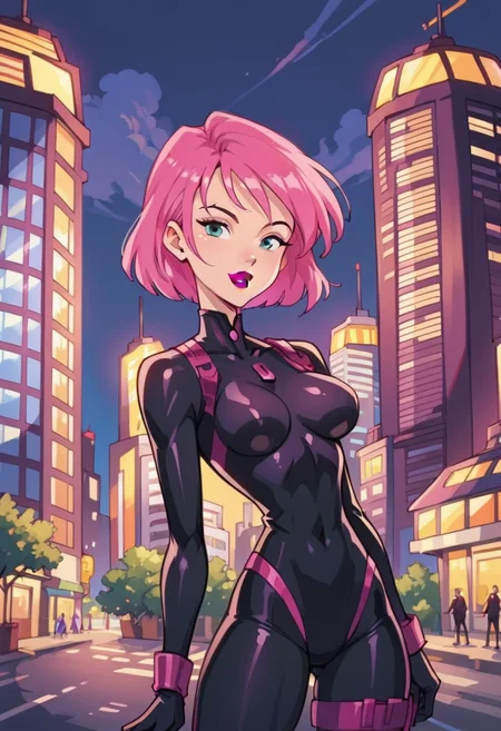 score_9, score_8_up, score_7_up, score_6_up, score_5_up, score_4_up, masterpiece, best quality, BREAK,
1girl, outdoors, city, night,  <lora:Erin_Esurance_Test:1> erin_esurance, pink hair female, short hair, breasts, lipstick, bodysuit