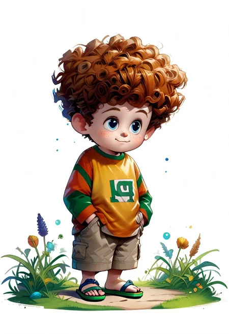 DarirStyle
score_9, score_8_up, score_7_up, 1boy, solo, Dennis, Orange Hair, Curly Hair, Blue Eyes, Freckles, Jersey Shirt, Khaki Shorts, Blue Shoes, Green Tanktop, Orange Swim Trunks, Green Sandals, 4 Shirt