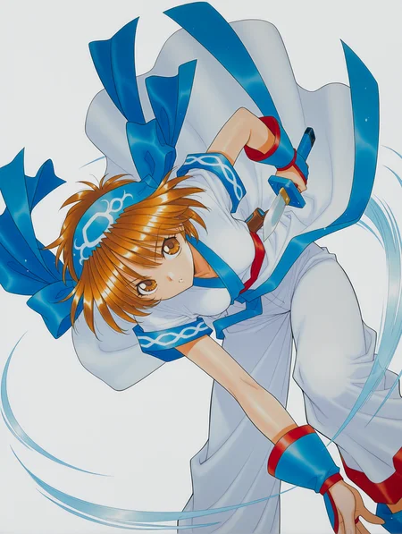 masterpiece,best quality,newest,1girl,solo,
<lora:rimururu_ilxl_v1.3:1>,n_rimu,short hair,brown hair,brown eyes,r_bow,blue hairband,r_clothes,white pants,makiri,reverse grip,holding_knife,<lora:Fixhands_anime_bdsqlsz_V1:1>,dynamic_angle,cinematic_angle,fighting_stance,fighting,motion_blur,(motion line:1.2),(speed_lines:1.1),fighting_stance,blue aura effect,expressionless,leaning_forward,looking ahead,bent over,white_background,parted lips,