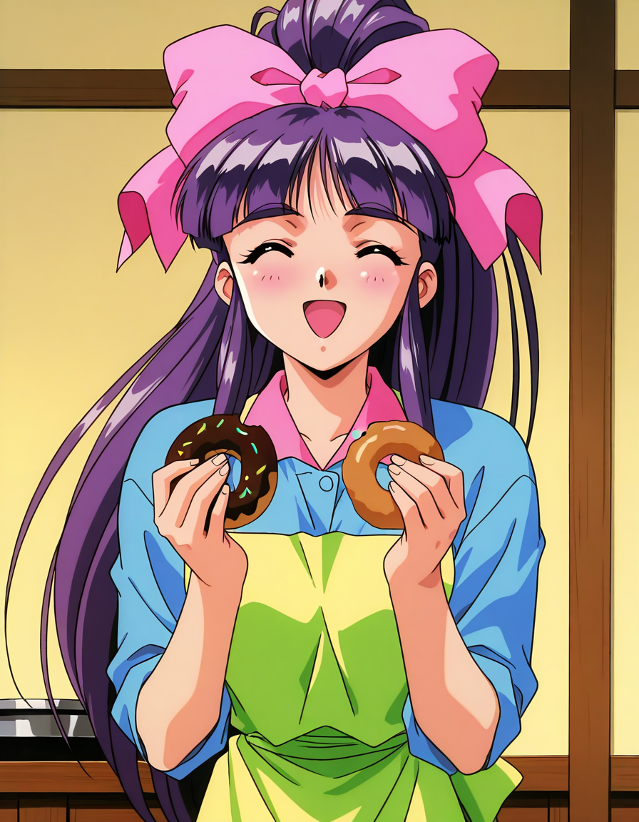 general,highres, ultra-detailed,very aesthetic,best quality ,best hands,  BREAK <lora:Midou_Miko_IS:1> Midou_Miko, 1girl,solo, pink bow, purple hair, long hair,hair ribbon, brown eyes, ponytail, bangs, 1990s (style), anime coloring,
1girl, solo, doughnut, pink bow, food, bow, apron, closed eyes, purple hair, retro artstyle, hair bow, smile, long hair, 1990s (style), ^_^, ponytail, open mouth, happy, shirt, holding food, :d, upper body, bangs, holding, high ponytail, black hair, blush, ribbon