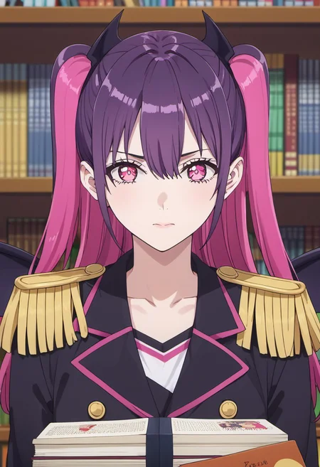 score_9, score_8_up, score_7_up, source_anime, tachibana mikari, long hair, pink hair, purple hair, multicolored hair, pink eyes, two-tone hair, 1girl, solo, bookshelf, epaulettes, looking at viewer, demon girl, two side up, closed mouth, wings, collarbone, upper body, book