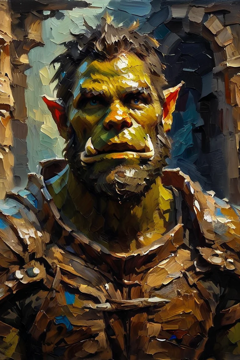 score_9, score_8_up, score_7_up, oil painting, traditional media, realistic, 1boy, solo, male focus, mature male, orc, green skin, tusks, blue eyes, short hair, black hair, facial hair, beard, mustache, looking at viewer, armor, shoulder armor, breastplate, pauldrons, upper body, closed mouth, standing, outdoors, night, night sky, dark background <lora:Palette Knife Painting Style LoRA_Pony XL v6:1>