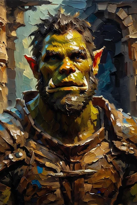 score_9, score_8_up, score_7_up, oil painting, traditional media, realistic, 1boy, solo, male focus, mature male, orc, green skin, tusks, blue eyes, short hair, black hair, facial hair, beard, mustache, looking at viewer, armor, shoulder armor, breastplate, pauldrons, upper body, closed mouth, standing, outdoors, night, night sky, dark background <lora:Palette Knife Painting Style LoRA_Pony XL v6:1>